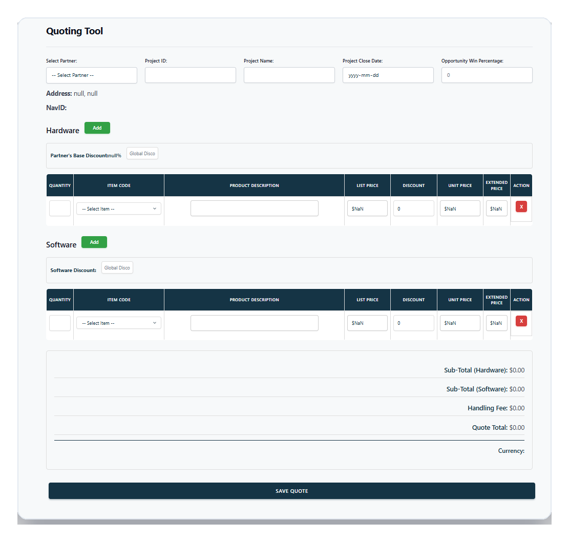Quottix quoting tool interface